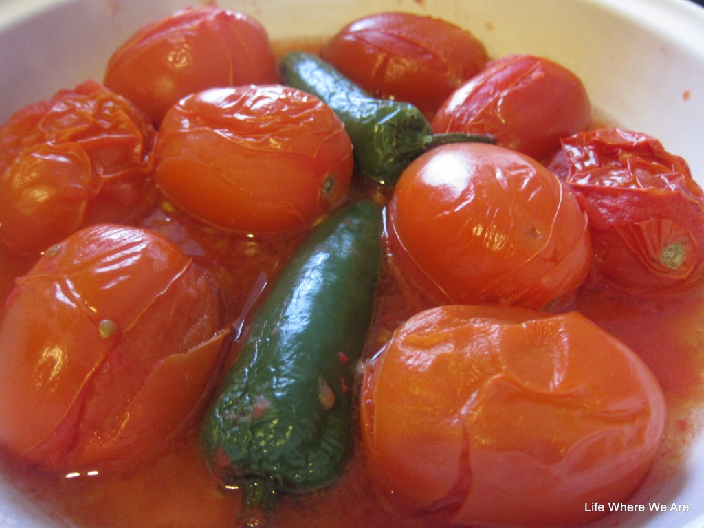 Roma Tomatoes and Jalapenos after cooking in the microwave for 10 minutes.